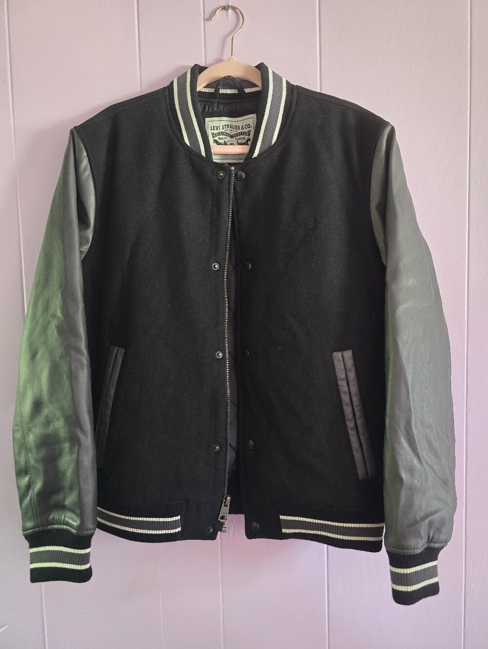 Levi's Men's Black Varsity Jacket with Leather Sleeves - Small